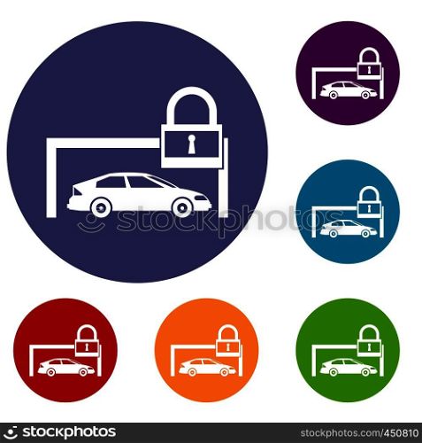 Car and padlock icons set in flat circle reb, blue and green color for web. Car and padlock icons set