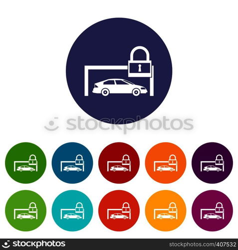 Car and padlock set icons in different colors isolated on white background. Car and padlock set icons