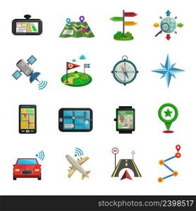 Car and plane location maps compasses and gps navigation flat color icon set isolated vector illustration. Location Flat Icon Set