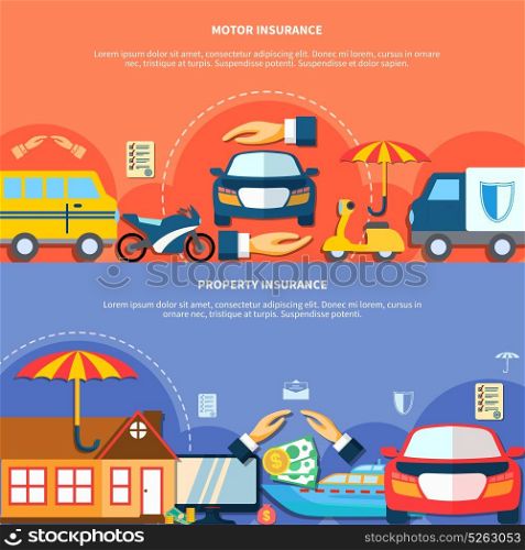 Car And Property Protection Horizontal Banners. Car and property protection horizontal banners with different types of vehicle house money insurance vector illustration