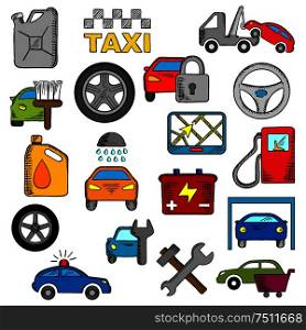 Car and repair service icons set with car sale symbol, towing, paint and washing, repair and tire service, taxi, fuel jerrycan and gas station, wheel and navigation, battery and traffic police, security system. Car and repair service icons