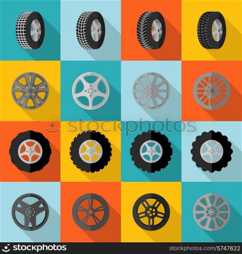 Car and truck tire service installation icon flat set isolated vector illustration