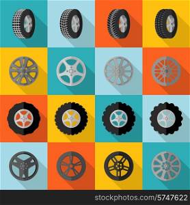 Car and truck tire service installation icon flat set isolated vector illustration