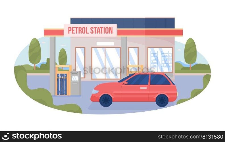 Car at city gas station 2D vector isolated illustration. Refueling service flat cityscape on cartoon background. Urban colourful editab≤sce≠for mobi≤, website, presentation. Bebas Neue font used. Car at city gas station 2D vector isolated illustration