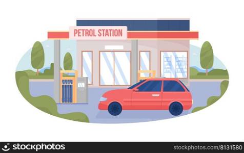 Car at city gas station 2D vector isolated illustration. Refueling service flat cityscape on cartoon background. Urban colourful editab≤sce≠for mobi≤, website, presentation. Bebas Neue font used. Car at city gas station 2D vector isolated illustration