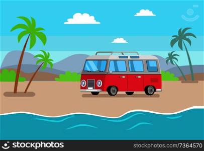 Car at seaside composition, palms on hot sand, water near vehicle under sky with clouds. Exotic nature, pablic transport cartoon vector illustration.. Car and Seaside Composition Vector Illustration