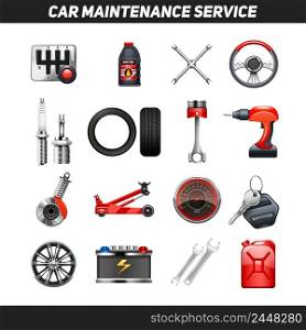 Car auto service garage center equipment for fixing and maintaining vehicles flat icons collection abstract isolated vector illustration . Car Maintenance Service Flat Icons set