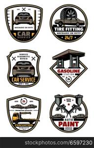 Car auto service icons for mechanic garage or automobile repair. Vector symbols of gasoline station, car engine and valve pistons with tire wheels and loader truck for auto paint. Vector retro icons for car auto service