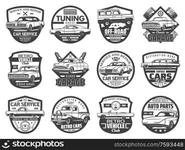 Car auto service isolated vector icons set, monochrome retro vehicles repair, vintage mechanic garage signs. Auto maintenance, off-road, car spare parts shop, engine restoration and motor tuning. Car auto service isolated vector icons set