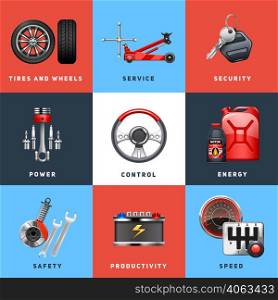 Car auto service safety control for trucks and cargo vehicles equipment flat icons set abstract isolated vector illustration. Car Service Concept Flat Icons Set