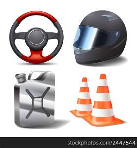 Car auto sport racing realistic icons set with steering wheel helmet gasoline can and cones isolated vector illustration