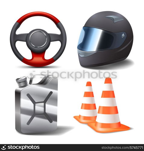 Car auto sport racing realistic icons set with steering wheel helmet gasoline can and cones isolated vector illustration