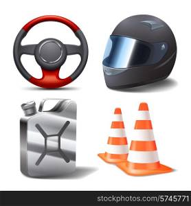 Car auto sport racing realistic icons set with steering wheel helmet gasoline can and cones isolated vector illustration