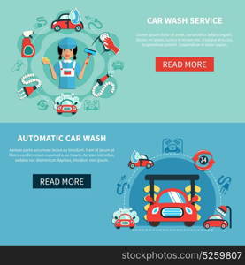 Car Auto Wash Banners. Two horizontal car wash banners set with doodle images of cleaning equipment with read more button vector illustration