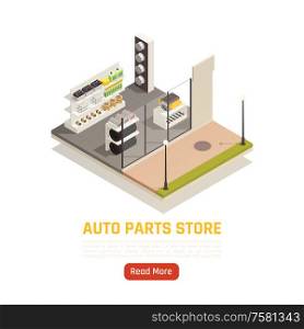 Car automotive spare parts such as brake disks exhaust pipes supplier auto store isometric composition vector illustration
