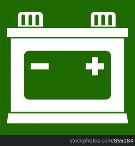 Car battery icon white isolated on green background. Vector illustration. Car battery icon green