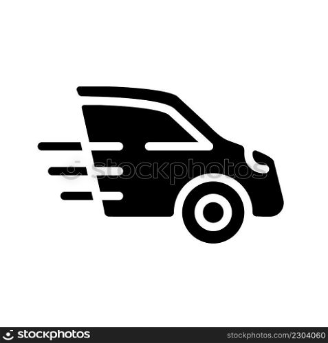 Car black glyph icon. Motor vehicle. Fuel and electric automobiles. Passengers transportation. Dynamic movement. Silhouette symbol on white space. Solid pictogram. Vector isolated illustration. Car black glyph icon