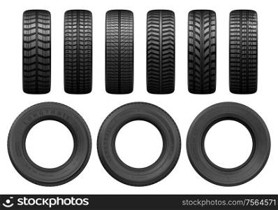 Car black tires, vector realistic isolated tyre objects. Car wheel tyres of different types, summer and winter tread track pattern, front and side view. Car tires tread tracks, vector