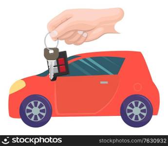 Car bought by character vector, hand with keys. Property transportation. Automobile of modern type, owner with transport automotive sport. Buy new red car. Flat cartoon. Car Property and Keys in Hands, Buying Vehicle