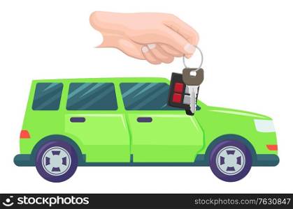 Car bought by character vector, hand with keys. Property transportation flat style. Automobile of modern type, owner with transport automotive sport. Buy new green car. Flat cartoon. Car Property and Keys in Hands, Buying Vehicle