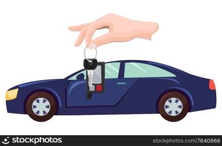 Car bought by character vector, hand with keys. Property transportation flat style. Automobile of modern type, owner with transport automotive sport. Buy new car. Flat cartoon. Car Property and Keys in Hands, Buying Vehicle