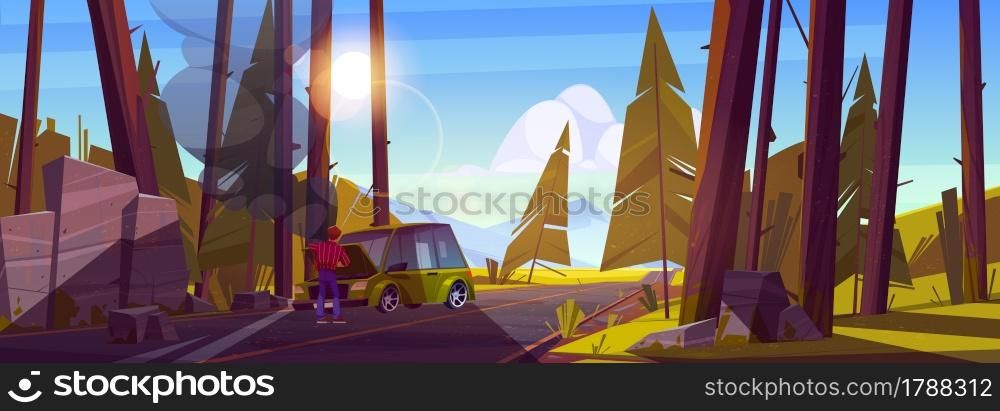 Car broke down at forest road, driver stand at open hood trying to fix damaged automobile. Travel accident at mountain route, overheat auto failure, engine breakdown, Cartoon vector illustration. Car broke down at road, driver stand at open hood