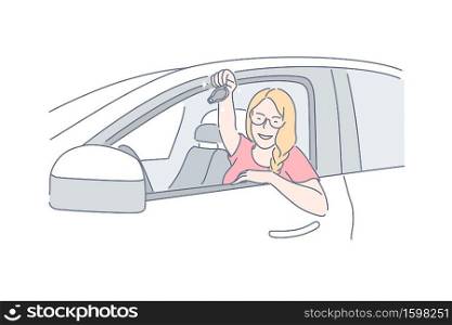 Car, buy, passing driving concept. Young cheerful woman passed her driving test and got driver license. Happy girl bought brand new car in salon and holds key on it in her hand. Simple flat vector. Car, buy, passing driving concept