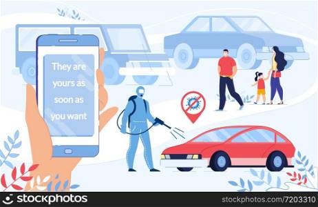 Car Buying Online Service on Covid19 Quarantine. Family Couple with Child Wearing Respiratory Facemask Choosing Automobile. Man in Protective Clothes Disinfecting Vehicle. Secure Shopping Carsharing. Car Buying Online Service on Covid19 Quarantine