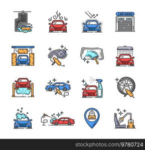 Car care icons, car wash and clean service, auto workshop vector symbols. Car care line icons, vehicle chair upholstery and windshield cleaning service, automotive washer station and tire detailing. Car care icons, car wash or clean service workshop
