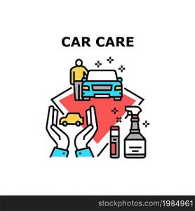 Car Care Service Vector Icon Concept. Washing And Checking Technical Condition In Car Care Service Garage. Wash And Repair Station. Chemical Liquid For Cleaning Automobile Body Color Illustration. Car Care Service Vector Concept Color Illustration