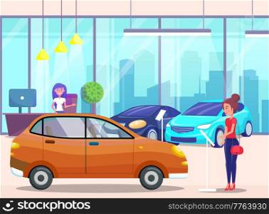 Car center, woman customer buyer choosing automobile in store. Test drive of auto, auto showroom, sale of luxury transport, girl in distribution shop. Female character examines transport for purchase. Car center, woman customer buyer choosing automobile in store. Female character examines transport