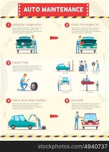 Car Centers Service Retro Cartoon Infographics . Auto maintenance diagnostics and repair service retro cartoon infographic poster with engine oil and battery replacement vector illustration