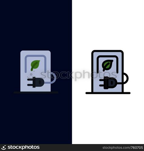 Car, Charging, Electric, Stations, Vehicle Icons. Flat and Line Filled Icon Set Vector Blue Background