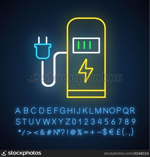 Car charging station neon light icon. Electric fuel pump for public usage. EV rechagging point. Smart energy. Glowing sign with alphabet, numbers and symbols. Vector isolated illustration