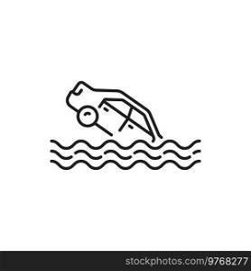 Car collision, accident or damage in flood line icon. Vehicle damage in road accident or natural disaster, car insurance cover thin line pictogram or sign with car immersing in water, sinking in river. Car accident or damage in water flood line icon