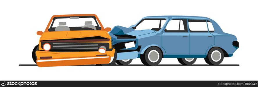 Car collision of transport, traffic incident. Isolated vehicles with broken parts, damaged and breakage of automobiles. Breakdown of pickup, crash or accident. Insurance and risks vector in flat. Traffic collision of cars, road accident of vehicles