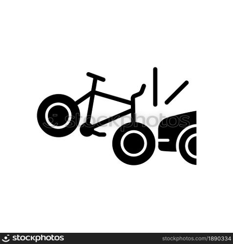Car collision with cyclist black glyph icon. Accident with bicyclist and driver. Riding on public roadways. Car-on-bike collision. Silhouette symbol on white space. Vector isolated illustration. Car collision with cyclist black glyph icon
