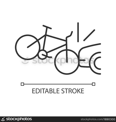Car collision with cyclist linear icon. Accident with bicyclist and driver. Car-on-bike collision. Thin line customizable illustration. Contour symbol. Vector isolated outline drawing. Editable stroke. Car collision with cyclist linear icon