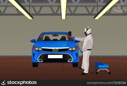 Car coloring process by worker wearing protective costume with respirator automobile in room full of lights and l&s male work vector illustration. Car Coloring Process by Worker Vector Illustration