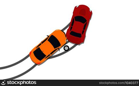 Car crash accident top view vector insurance illustration. Down broken claim automobile isolated icon. Flat driving street hit collision traffic. Wreck disaster smash crush. Safety concept