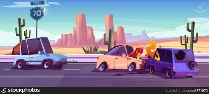 Car crash on canyon desert highway. Vector cartoon illustration of two autos collision on road, fire and smoke above damaged hoods, cactus and stone rocks on background, traffic rules violation. Car crash on canyon desert road