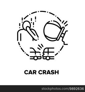 Car Crash, Traffic Accident Vector Icon Concept. Automobile Crash, Airbag Deploying, Driver And Passenger Injury And Shocked, Vehicles Impact Crashing And Damaging Black Illustration. Car Crash, Traffic Accident Vector Concept Black Illustration