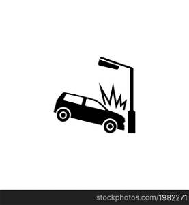 Car Crashed into Lamp Post. Flat Vector Icon. Simple black symbol on white background. Car Crashed into Lamp Post Flat Vector Icon