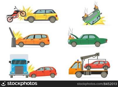 Car crashes set. Road accident with burning car, motorbike, truck, towel truck isolated on white background. Vector illustrations collection for transportation, disaster, traffic collision concept