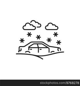 Car damage in ice storm or natural disaster thin line icon. Car damage by weather event insurance cover line sign. Vehicle failure or collision outline vector icon with car stuck in snow at snowfall. Car collision, accident or damage thin line icon