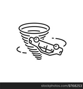 Car damage in natural disaster thin line icon. Car accident or vehicle damage in hurricane, stormy weather or tornado outline vector symbol, pictogram or line icon with car spinning in wind whirlwind. Car damage in natural disaster thin line icon