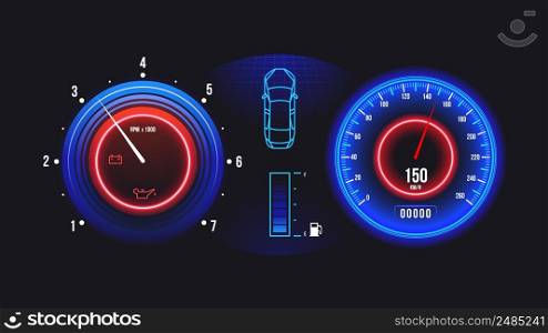 Car dashboard. Electric automobile speedometer odometer and tachometer gauges with fuel and oil level indicators. Vector illustration. Illuminated vehicle display for speed measurement. Car dashboard. Electric automobile speedometer odometer and tachometer gauges with fuel and oil level indicators. Vector illustration