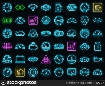 Car dashboard icons set. Outline set of car dashboard vector icons neon color on black. Car dashboard icons set vector neon