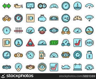 Car dashboard icons set. Outline set of car dashboard vector icons thin line color flat on white. Car dashboard icons set vector flat