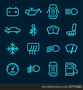 Car dashboard icons set with warning lights fuel door seat symbols isolated vector illustration